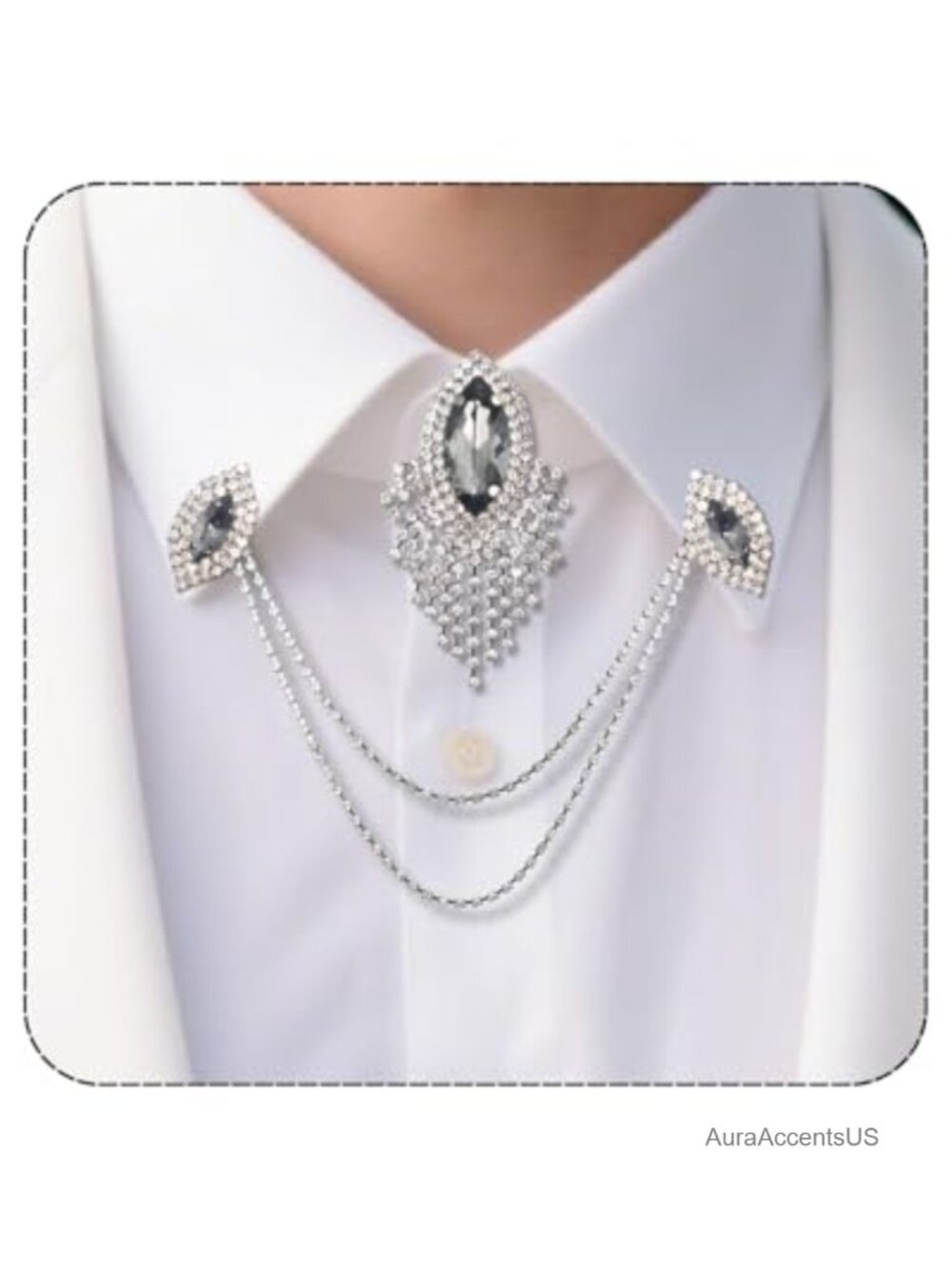 Rhinestone Chain Pins Button Cover Cuff Links Set Brooch